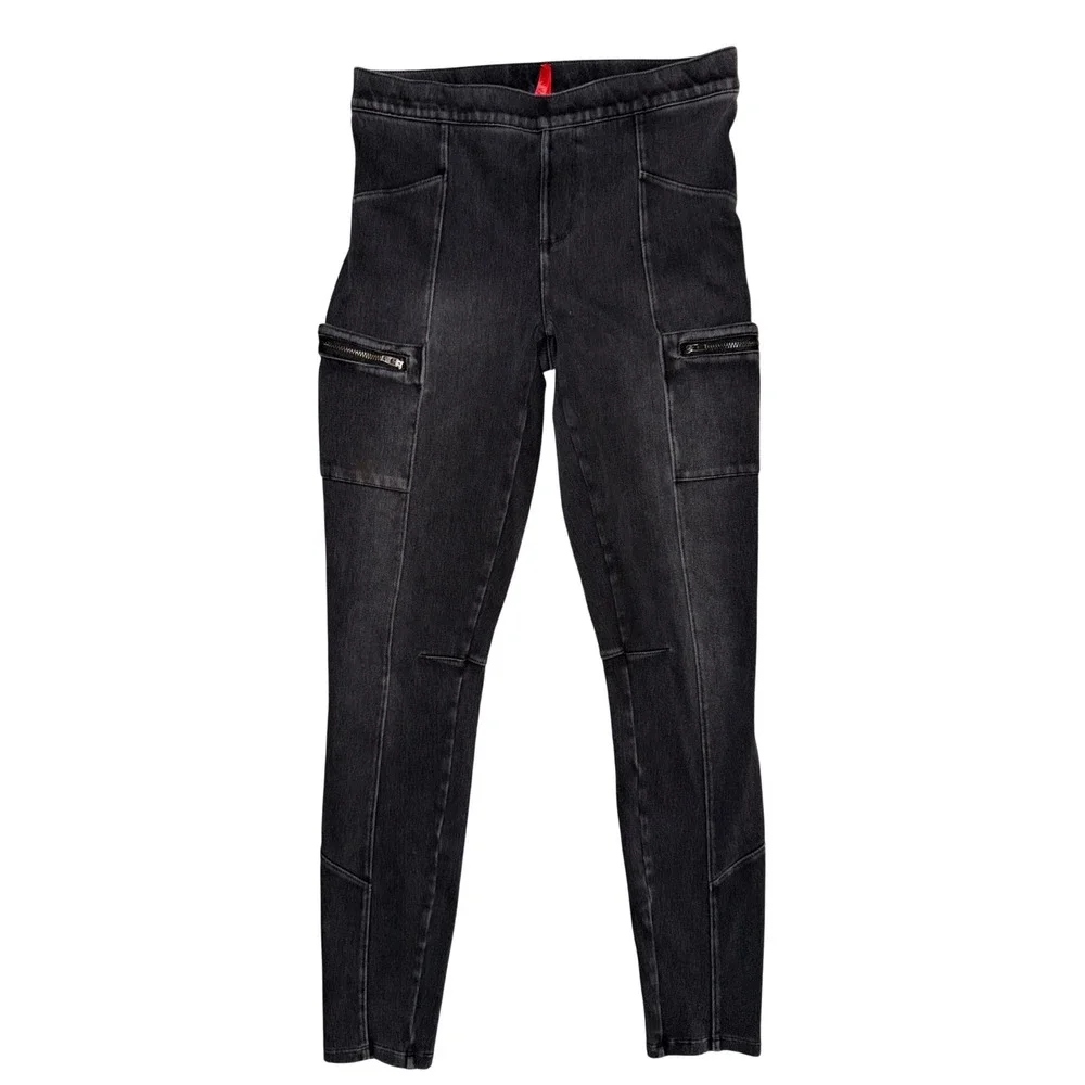 Spanx Moto cargo Leggings Faded‎ Black Cargo Zipper Pockets Stretch Denim Medium